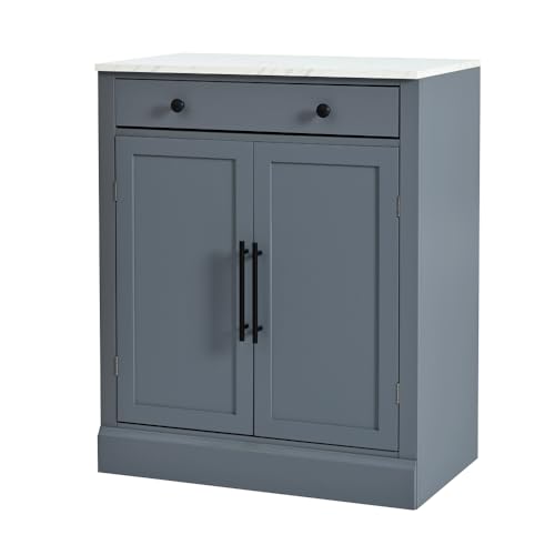 Image of Modern Freestanding Kitchen Pantry,Buffet Food Storage, Coffee Bar Cabinet with Drawer, 2 Adjustable Shelves and 2 Door Shelves for Dining, Kitchen, White (Gray + MDF + Farmhouse)