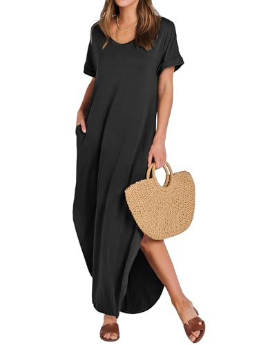 ANRABESS Women Oversized Casual Loose Summer Maxi Dress Short Sleeve V Neck Beach T-Shirt Maxi Long Dresses Plus Size Black X-Large