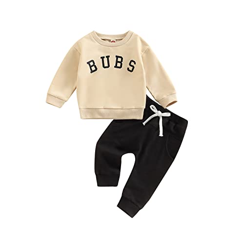 Toddler Baby Boy Fall Winter Clothes Letter Print Crewneck Sweatshirt Top Pants Sweatsuit Cute Little Boy Casual Outfit (Bubs Apricot,12-18 Months)