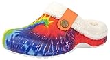 ChayChax Women and Men Fur Lined Clogs Memory Foam Warm Fuzzy Slippers Winter Waterproof Indoor Outdoor Slipper, Tie Dye, 4-5 Women/3-4 Men