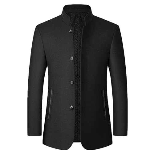 Men's Wool Trench Jacket & Coat Warm Quilted Single Breasted Band Collar Long Sleeve Winter Button Fit Slim Peacoat3