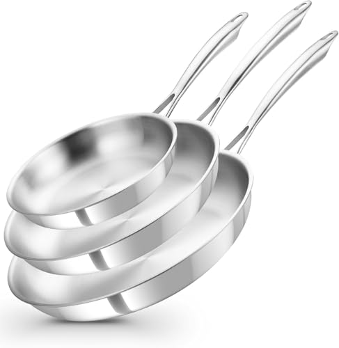 Image of KOCH SYSTEME CS Stainless Steel Pan Set of 3, 8"&10"&12" Tri-Ply Stainless Steel Frying Pan Set with Stay-Cool Handle, Non-Toxic Staninless Steel Skillet, Fast & Even Heat Induction Compatible