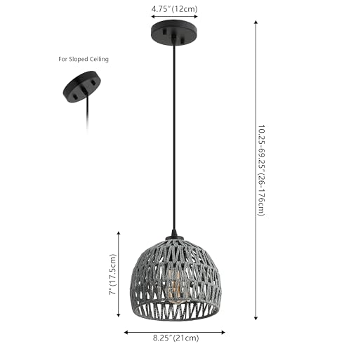 Image of JONATHAN Y 8.25 inch Gray Modern Bohemian Woven Rope LED Pendant Light Fixture, Adjustable Dome Ceiling Lamp for Kitchen Island, Rope Shade, Coastal Farmhouse Decor (JYL6512D)