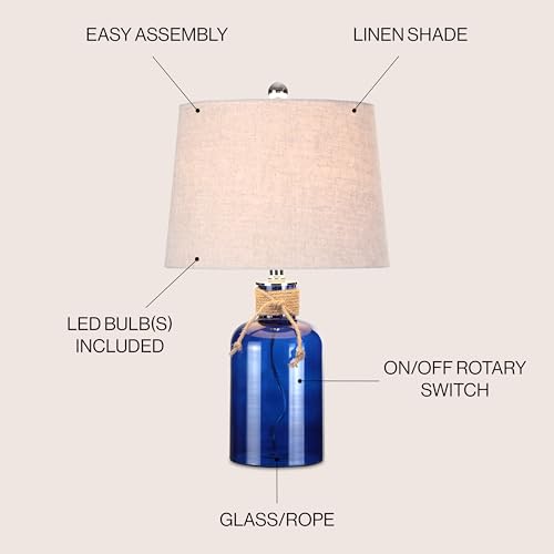 JONATHAN Y 23.5" Cobalt Blue Glass Bottle LED Table Lamp, Coastal Mediterranean Lamp with Rope Accent and Gray Linen Shade for Living Room Bedroom, LED Bulb Included JYL1004A - Image 5
