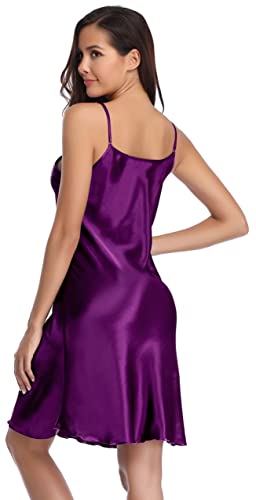 Vlazom Women Sexy Lingerie Satin Nightgown Silk Chemise Mini Slips V Neck Negligee Sleepwear With Adjustable Straps Dark Purple #TOP6