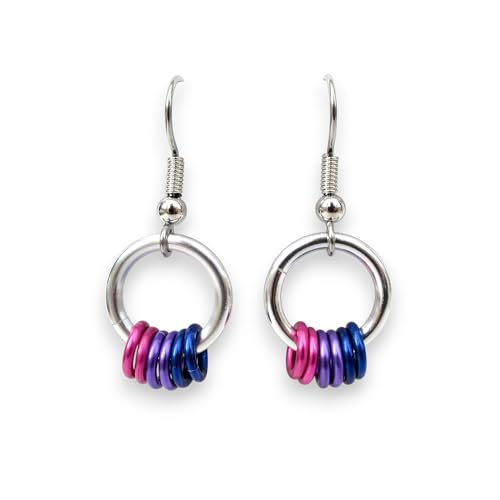 Bisexual Pride Minimalist Drop Earrings - Aluminum Chainmail Jewelry with Hot Pink, Purple & Blue Floating Rings - Handmade LGBTQ Gift