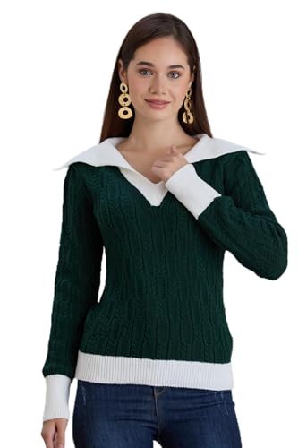 Image of Sweaters for Women Fashion Long Sleeve Lapel Collar V Neck Casual Knit Color Block Pullover Sweater
