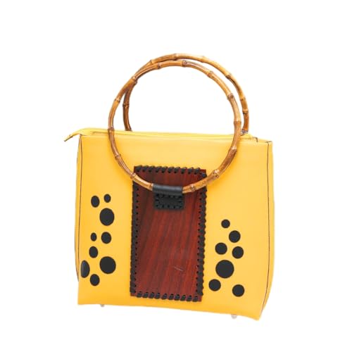 Handmade Italian Leather & Wooden Bag – Luxury Women’s Handbag with Round Bamboo Handles | Stylish Boho Chic Purse | Designer Wooden Shoulder Bag | Elegant Handmade Tote for Women