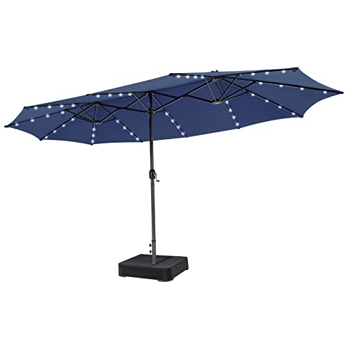 Tangkula 15FT Double-Sided Patio Umbrella with Solar Lights, Extra-Large Umbrella W/ 48 LED Lights & Auto-Charging Solar Panel, Outdoor Twin Market Umbrella W/Extra Weighted Base Stand (Navy)