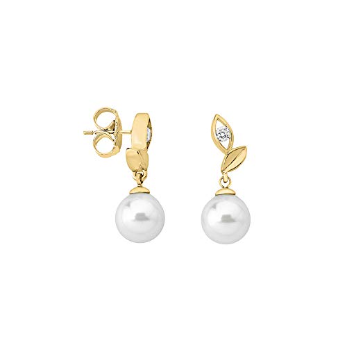 MAJORICA Pendientes Hojas con Perla 8mm y Circonita Dorados Selene para mujer con un diseño clásico y elegante, cortos, con cierre de pincho, ideales para el día a día.