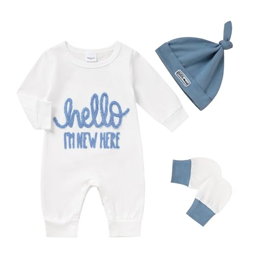 Image of ZOELNIC Newborn Romper Baby Boy Cotton Jumpsuit New Baby Hat Gloves Romper Coming Home Clothes Outfits
