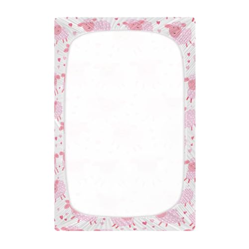 Image of Seamless Pattern of Cartoon Pink Sheep Crib Sheets Stretchy Portable Sheets for Baby Toddler Breathable Soft Crib Mattress Sheet for Girls Boys