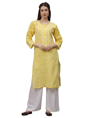 Image of Seva Chikan Hand Embroidered Lucknowi Chikankari Yellow Terivoil Cotton Kurta for Women SCL4520