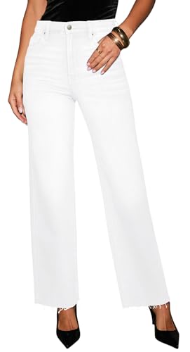 White Jeans Womens High Waisted Ankle Length Womens White Jeans Straight Leg Raw Hem Loose Stretchy Cropped Pants Wide Baggy Jean Size 14