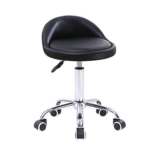 KKTONER PU Leather Round Rolling Stool with Back Rest Height Adjustable Swivel Drafting Work SPA Medical Task Chair with Wheels Black