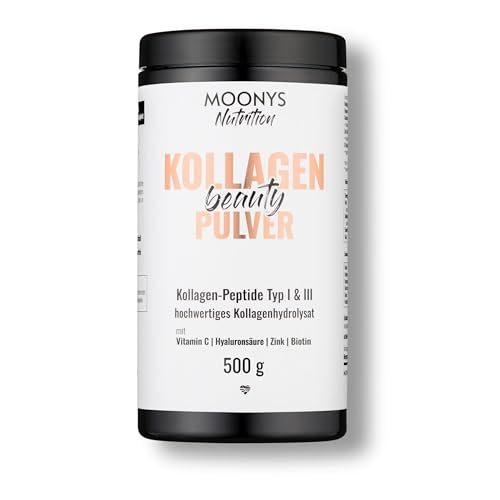 MOONYS® Kollagen Beauty Pulver 500g – Mit Vitamin C, Hyaluronsäure, Biotin und Zink – Bioaktive Kollagen Peptide 1 & 3 – geschmacksneutral – gute Löslichkeit
