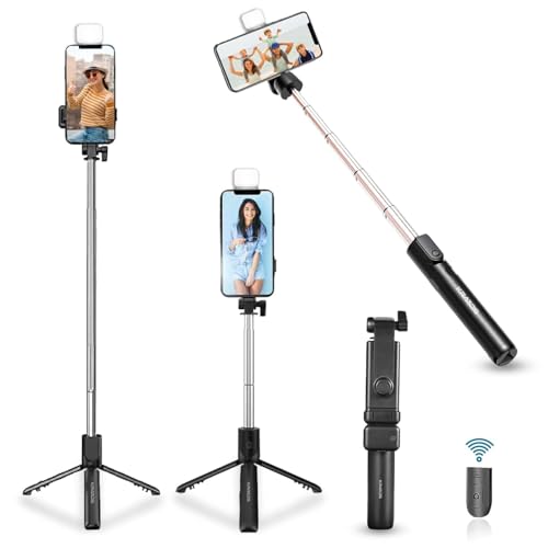 Image of Kratos Selfie Stick Tripod Stand, 3 in 1 Multifunctional Design, Rechargable LED Light with Two Brighness Levels for Make up, Selfie & Photo Shoot, Selfie Stick with Bluetooth Remote (70cm with light)