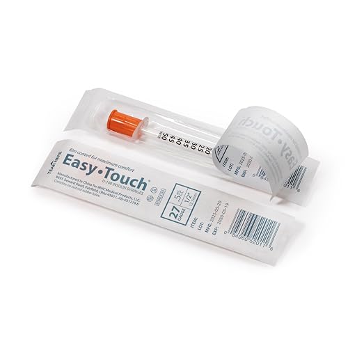 Image of Easy Touch Individually Wrapped 27 Gauge U-100 Insulin Syringes (27G 0.5cc 1 /2 inch) with 1 /2 inch Long Needle, 0.5cc (50 Unit Capacity), Bold Markings for Accurate Dosing, Disposable, Box of 100