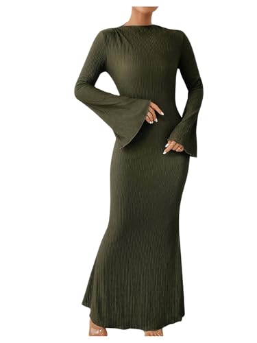 Image of GORGLITTER Women's Bell Long Sleeve Cocktail Maxi Dress Crew Neck Bodycon Fishtail Casual Long Dresses