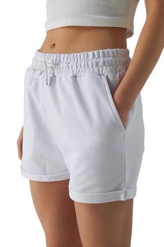 Smith & Solo Pantalones Cortos Mujer de Algodón, Shorts Mujer, Pantalon Corto Deporte Mujer, Pantalones Cortos de Verano, Short Deportivo de Mujer para Fitness, Correr, Yoga (Blanco, L)