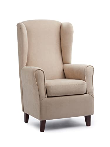 Sillonea- Sillón Torre Eiffel, Ideal para Personas Altas, con Respaldo Alto DE 70 cm. Butaca orejera para salón. Sillón orejero Individual 75x85x115 cm. Tela Antimanchas. (Beige, Nogal)