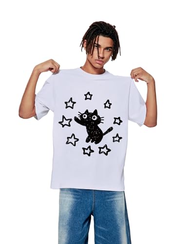 Vamtac Graphic Tees Unisex Loose Star Cat Print Tee Casual Summer Y2k Shirt Cute Short Sleeve Cotton Top3