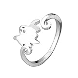 Halloween Black Witchy Ghost Band Rings for Women Silver Plated Adjustable Pumpkin Broom Witchy Hat Open Wrap Finger Ring Expandable Comfort Fit Fashion Holiday Jewelry for Theme Party (Ghost Band)