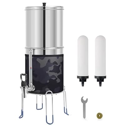 FACHIOO 2.25G Gravity Water Filter System, 304 Stainless Steel Countertop System with 2 Ceramic Filters, Water View Spigot and Stand, Reduce Chlorine, for Home, Camping, RVing, Off-Grid, Emergencies
