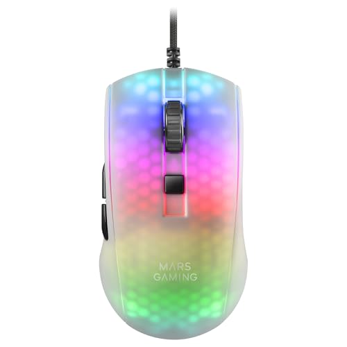 Mars Gaming MMR, Ratón Gaming RGB Chroma, Estructura Translúcida Ultra-Ligera 58 g, 12800 dpi, Switches Mecánicos HUANO, Blanco