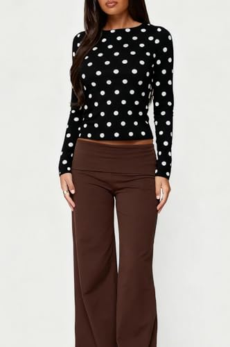 Camisas de manga larga con lunares para mujer, camisetas cortas básicas Y2K, cuello redondo, ajustadas, para entrenamiento, ropa, Negro, L