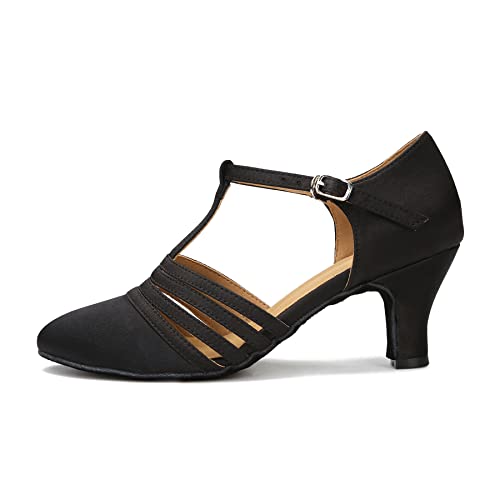 Kleeklcc Women's Ballroom Dance Shoes Closed Toe Latin Salsa Dancing Shoes T-Strap Dance Sandals For Wedding Party Zb12(9,Black-2.5 Inch Heel) #TOP1