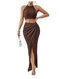 BEAUDRM Women's 2 Pieces Outfit Textured Halter Crop Top and Twist Front Split Thigh Maxi Skirt Set Dark brown Small