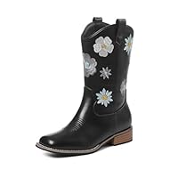 Goiphrri Cowgirl Boots For Girls Low Heel Black Cowboy Boot Floral Embroidered Mid Calf Western Boots Little Kid Square Toe Horse Riding Shoes Dress Party Size 3