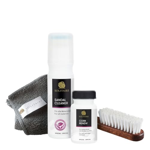 SOLITAIRE Kork-Sandalen Reinigungs- und Pflegeset 4-tlg., Reinigung und Pflege von Sandalen, Hausschuhen und offenen Schuhen mit Korksohlen. Inkl. Sandalen-Reiniger, Korkpflege, Bürste Mikrofasertuch