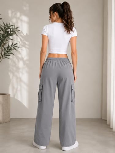 Image of Women's Grey Wide Leg Cargo Track Pants Casual Streetwear Striped Jogger Trousers