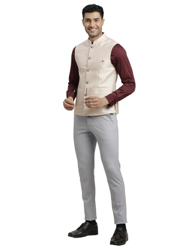 Image of Turtle Men Poly Cotton Self Design Slim Fit Grey Nehru Jacket