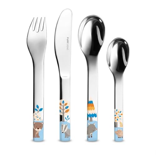 Puresigns Ergonomisches Kinderbesteck-Set 4-teilig aus Edelstahl 18/10 – Sicher & Langlebig – Waldtiere-Motive (Bär, Dachs, Wildschwein) – Spülmaschinenfest – Ideal für Kleinkinder & Esslernbesteck