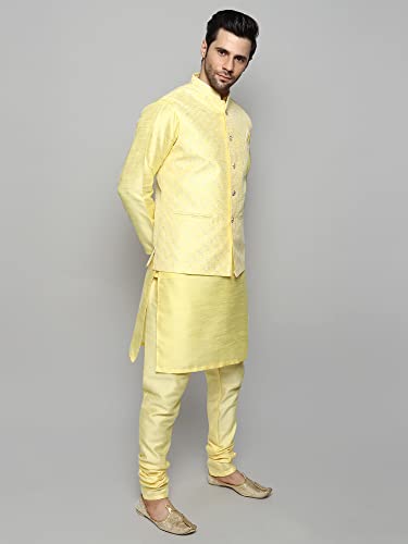 Image of Uri and MacKenzie Men's Silk Blend Kurta Churidar Pyjama with Stylish Nehru Jacket