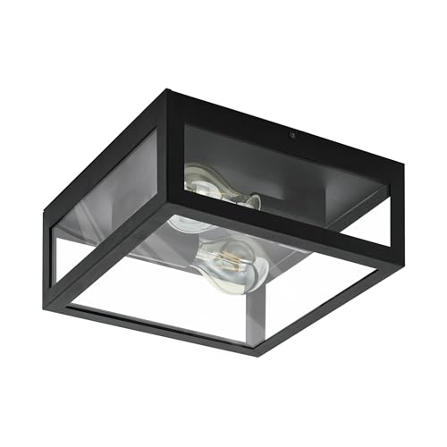 Image of Eglo Amezola 2-Flame Flush Ceiling Light, Industrial and Vintage Design Lighting, Living Room, Kitchen and Bedroom Wall Lamp, Black Steel and Clear Glass Light Fixture, E27 Socket, IP44