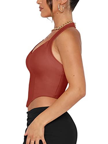 Reoria Women's Summer Sexy Halter V Neck Sleeveless Backless Y2K Trendy Crop Tank Tops For Going Out Teen Girls Rusty Red Small #TOP3