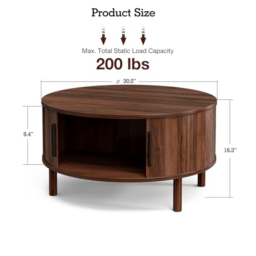 Image of ZttRiee Round Coffee Table with Sliding Doors, Mid-Century, Walnut | O30.0 inchD x 16.3 inchH, 200 lbs capacity, dual sliding-door storage, ~45 min assembly