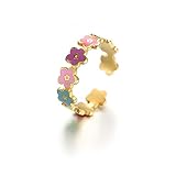 Caiyao Colorful Daisy Flower Rings Enamel Titanium Steel Ring Adjustable Open Ring for Women Friendship-Daisy Gold