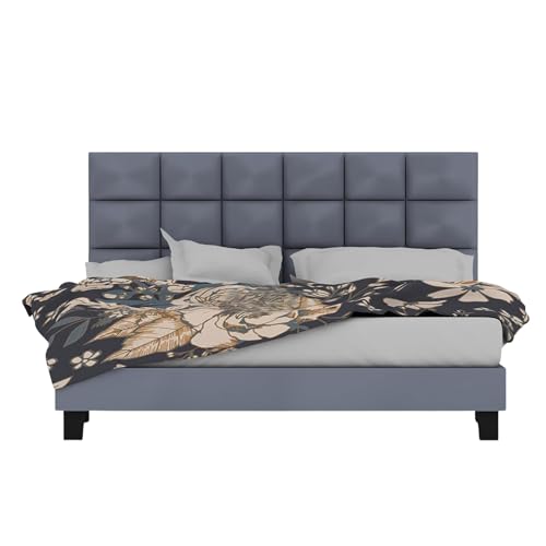 Image of Wooden Upholstered Bed King Size Without Storage | Wrought Iron King Size Cot with Headboard | Double Size Bed for Bedroom | Palang Furniture for Guest Room, Candler Grey, (Candler Grey)