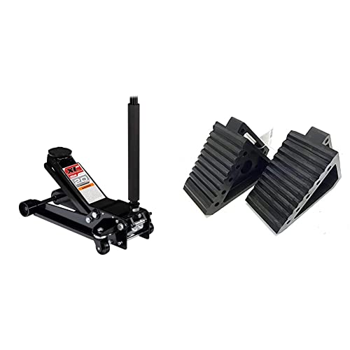 Arcan 2 Ton Low Profile Quick Rise Steel Floor Jack A20015 / XL20, Black, 26 Inch & MAXXHAUL 70472 Solid Rubber Heavy Duty Black Wheel Chock 2-Pack, 8
