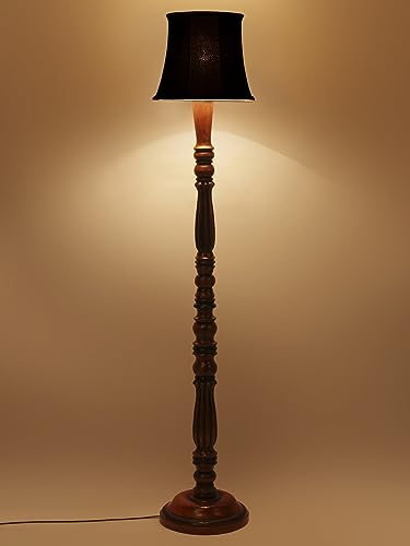 Image of Cylindrical Drum Floor Lamp with Wooden Base - Height 57 Inches, Black | Modern Standing Lamp for Home, Living Room, Bedroom & Office | Elegant Lighting Decor | Cotton