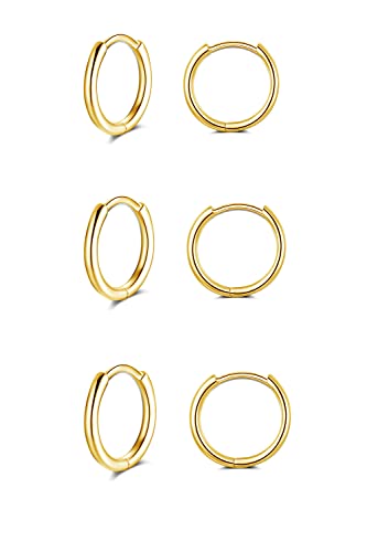 GULICX Juego de aretes de aro de plata para mujeres, hombres y niñas, 3 pares de aretes hipoalergénicos de plata de ley 925 para cartílago pequeño, tragus, durmiente, aretes con bisagras (8 mm/10