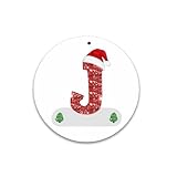 Christmas 26 Letter Round Ornaments, Christmas Initial with Red Hat Christmas Tree Round Pendant, Personalized DIY Christmas 26 Letters Alphabet Hanging Wood Ornaments for Xmas Tree Home Decor (J)