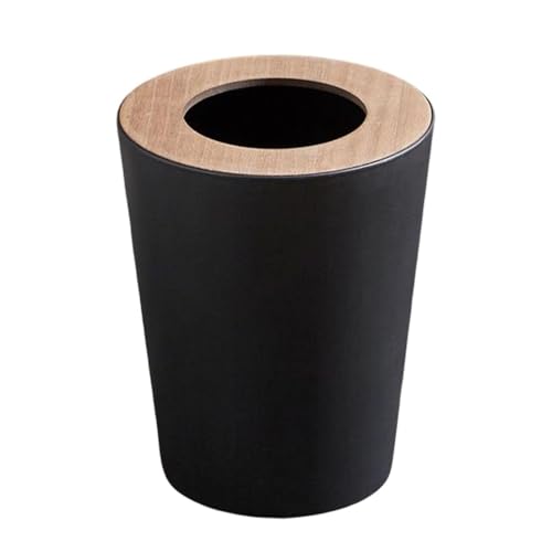 RUTREZOGO Indoor Trash Can with Wooden Lid – 9L Large Bathroom and Kitchen Waste Bin, Open Top Dustbin for Bedroom, Living Room, Dorm, and Home Use (Black)