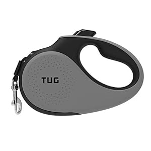 TUG 360 ° klittelvrij, Heavy Duty intrekbare hondenlijn voor honden tot 100 lbs; 15 voet sterke nylon tape/lint; eenhandige rem, pauze, slot (groot, grijs)
