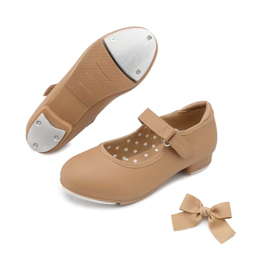 Stelle Tap Shoes for Girls Boys Patent Leather Detachable Bow Dance Shoes(Toddler/Little Kid/Big Kid)(Tan 9MT)